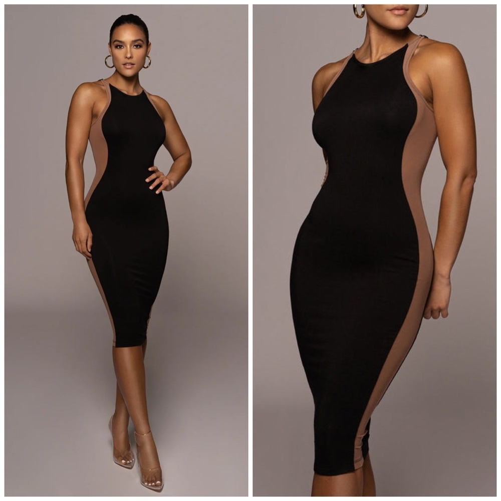 JLUXLabel Black Sheer Illusion Bodycon Midi Dress Sleeveless Sz XXL